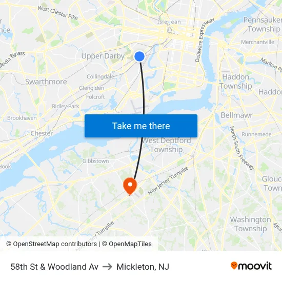 58th St & Woodland Av to Mickleton, NJ map