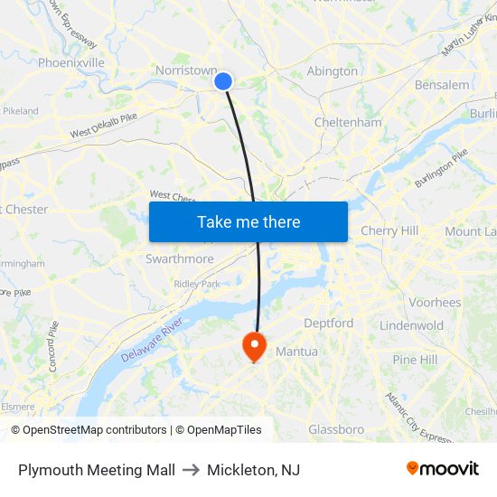 Plymouth Meeting Mall to Mickleton, NJ map