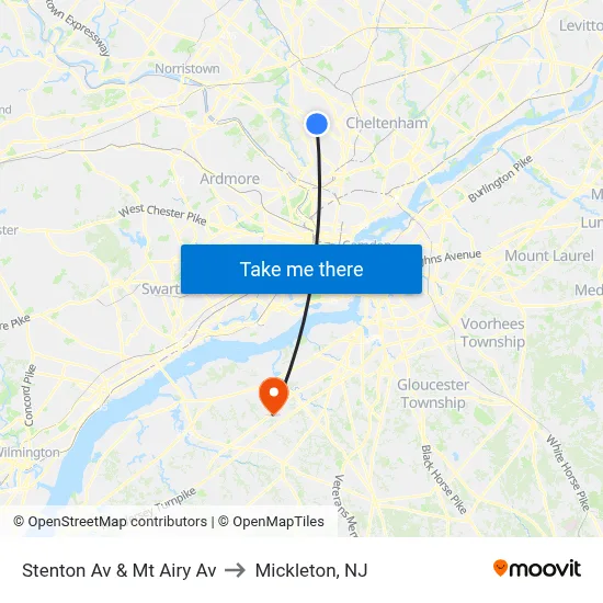 Stenton Av & Mt Airy Av to Mickleton, NJ map