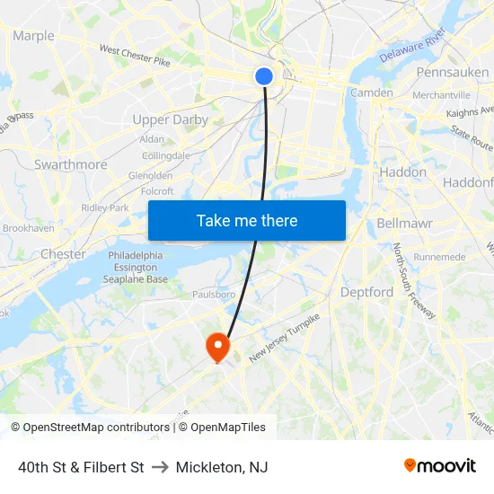 40th St & Filbert St to Mickleton, NJ map