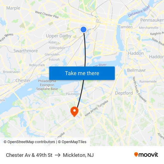 Chester Av & 49th St to Mickleton, NJ map