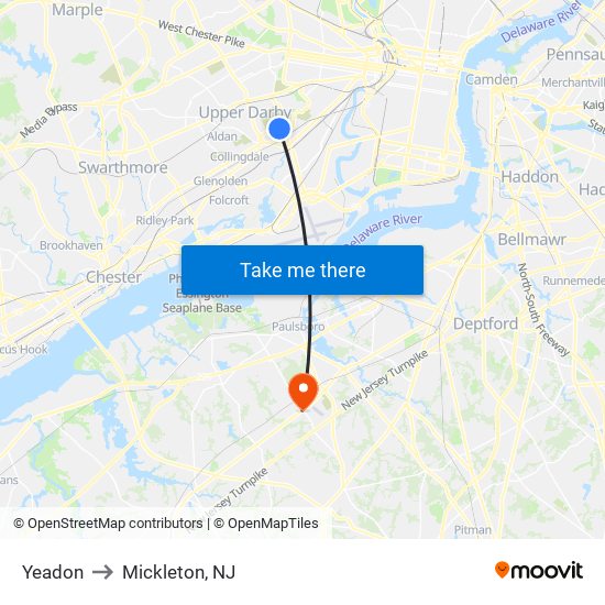 Yeadon to Mickleton, NJ map