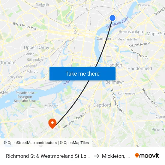 Richmond St & Westmoreland St Loop to Mickleton, NJ map