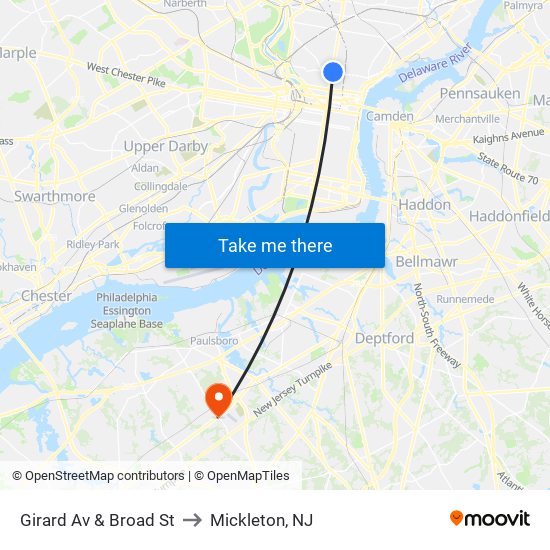 Girard Av & Broad St to Mickleton, NJ map