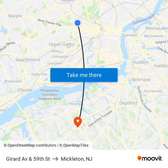 Girard Av & 59th St to Mickleton, NJ map