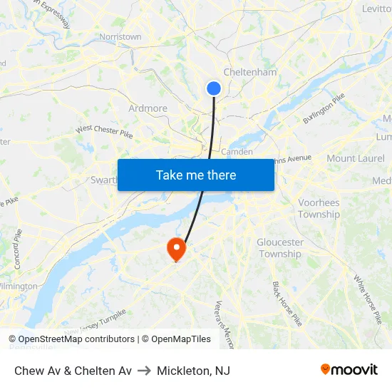 Chew Av & Chelten Av to Mickleton, NJ map