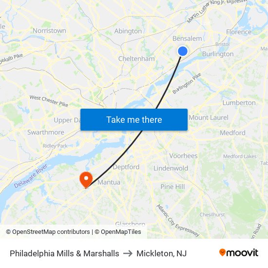 Philadelphia Mills & Marshalls to Mickleton, NJ map