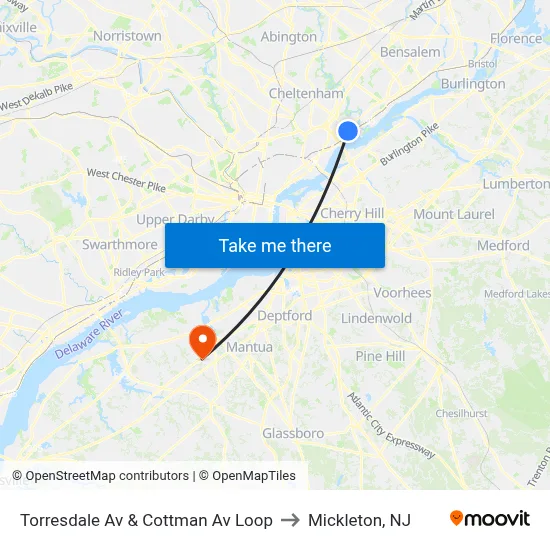 Torresdale Av & Cottman Av Loop to Mickleton, NJ map