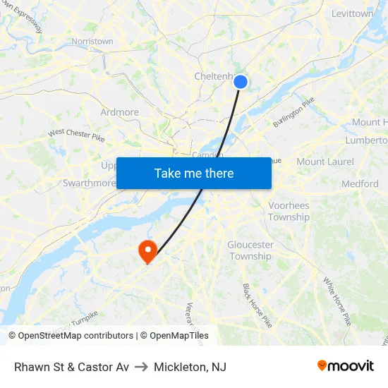 Rhawn St & Castor Av to Mickleton, NJ map