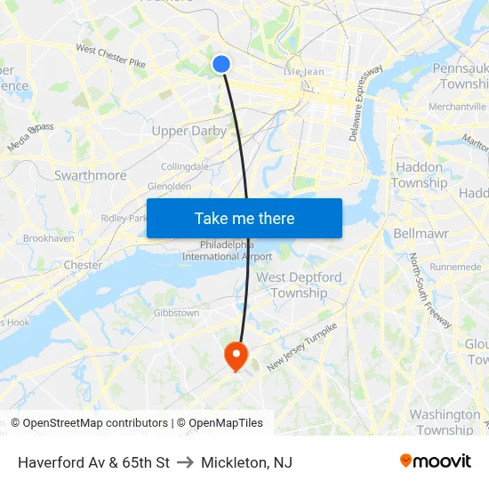 Haverford Av & 65th St to Mickleton, NJ map