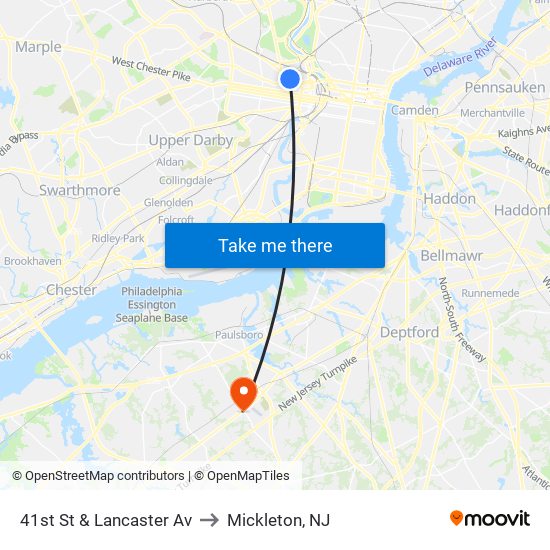 41st St & Lancaster Av to Mickleton, NJ map