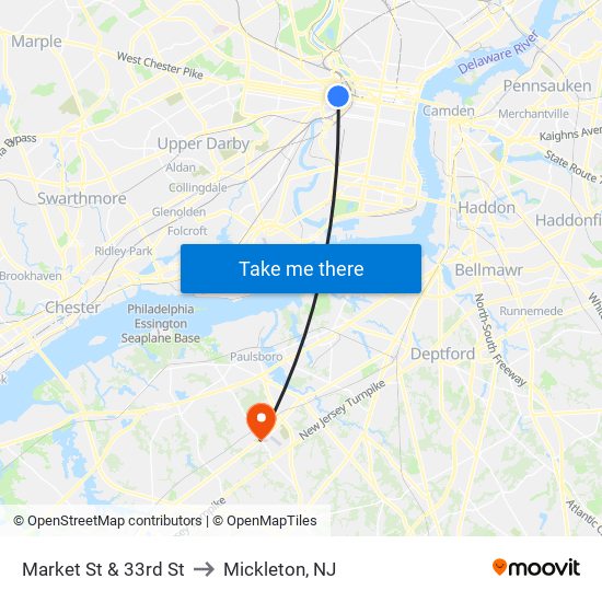 Market St & 33rd St to Mickleton, NJ map