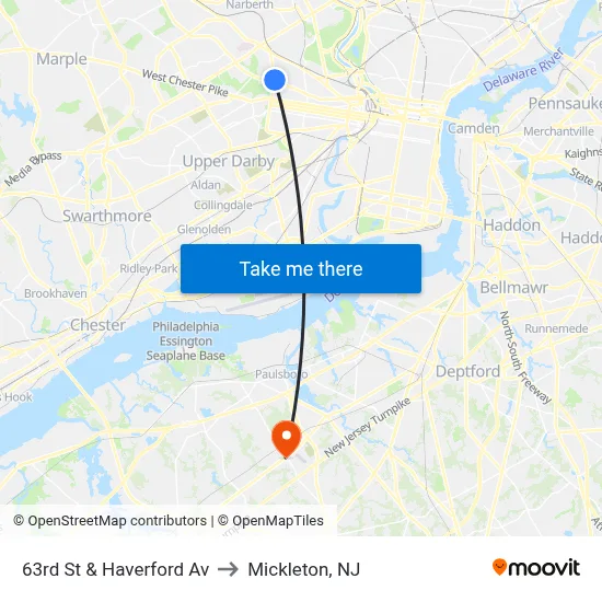 63rd St & Haverford Av to Mickleton, NJ map