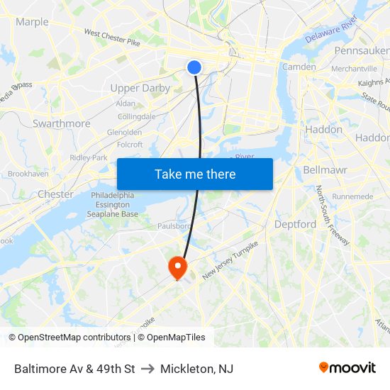 Baltimore Av & 49th St to Mickleton, NJ map