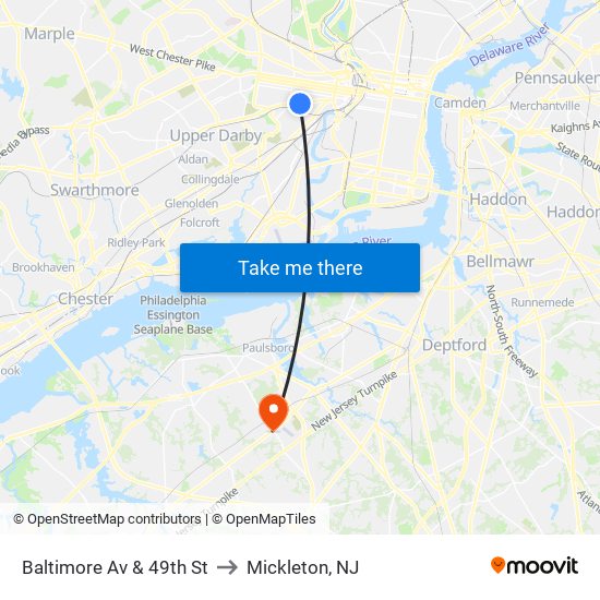 Baltimore Av & 49th St to Mickleton, NJ map