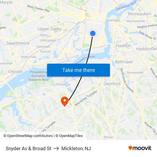 Snyder Av & Broad St to Mickleton, NJ map