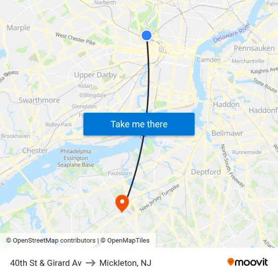 40th St & Girard Av to Mickleton, NJ map
