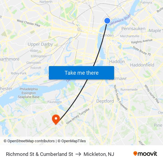 Richmond St & Cumberland St to Mickleton, NJ map