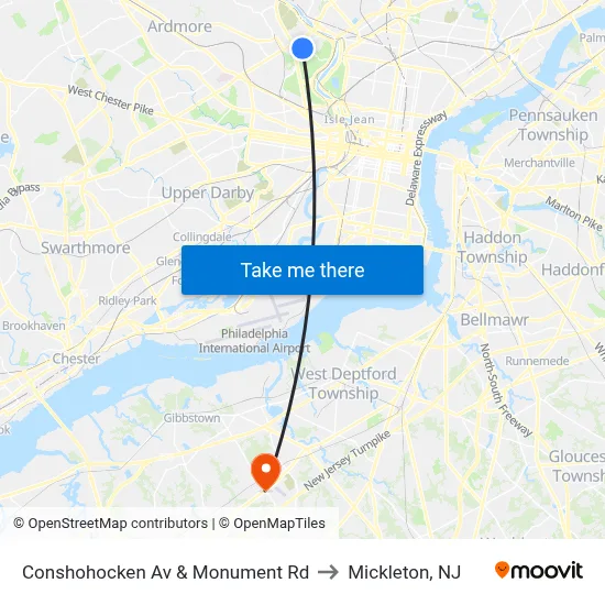 Conshohocken Av & Monument Rd to Mickleton, NJ map