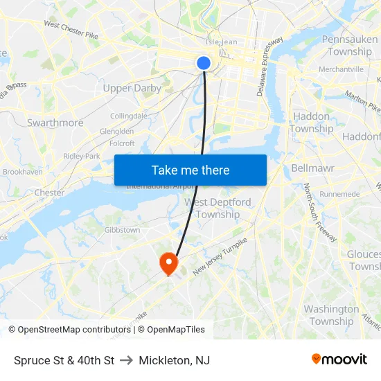 Spruce St & 40th St to Mickleton, NJ map
