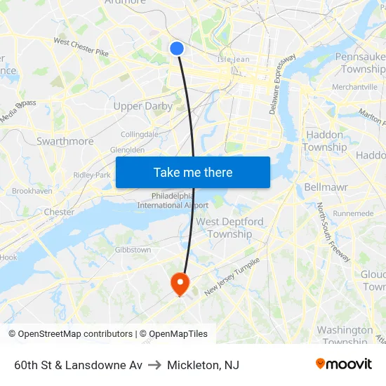60th St & Lansdowne Av to Mickleton, NJ map