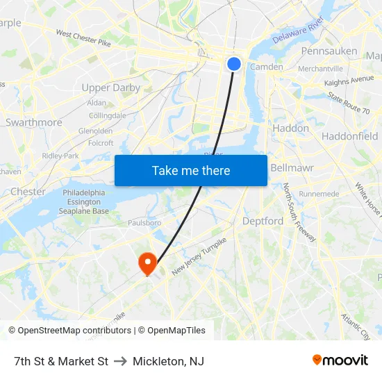 7th St & Market St to Mickleton, NJ map