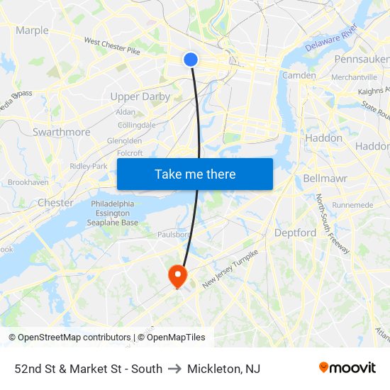 52nd St & Market St - South to Mickleton, NJ map