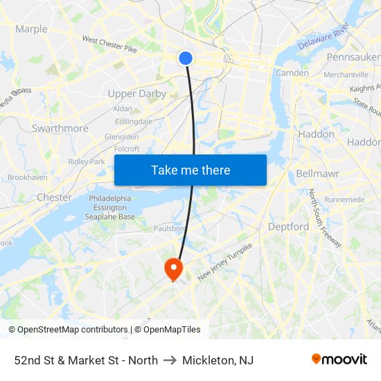 52nd St & Market St - North to Mickleton, NJ map