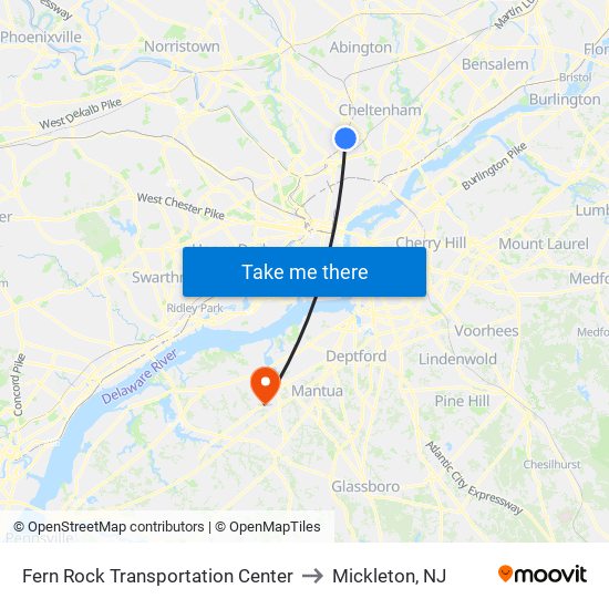 Fern Rock Transportation Center to Mickleton, NJ map