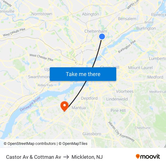 Castor Av & Cottman Av to Mickleton, NJ map