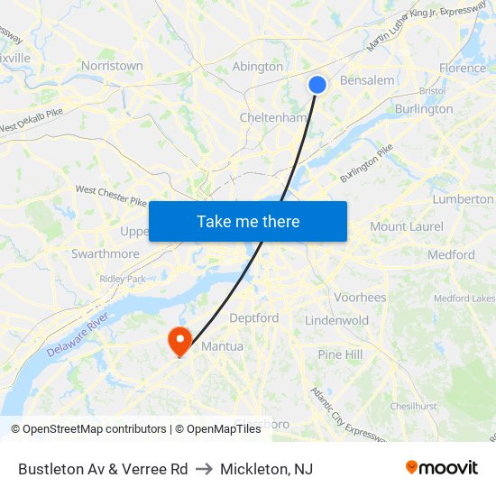 Bustleton Av & Verree Rd to Mickleton, NJ map