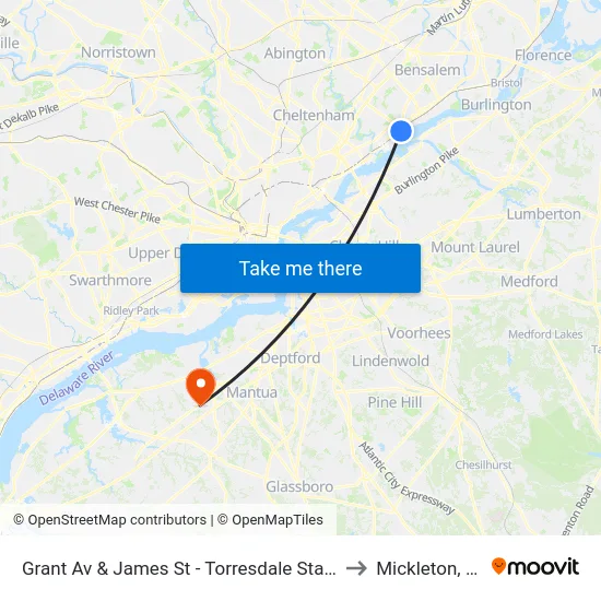 Grant Av & James St - Torresdale Station to Mickleton, NJ map