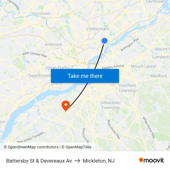 Battersby St & Devereaux Av to Mickleton, NJ map