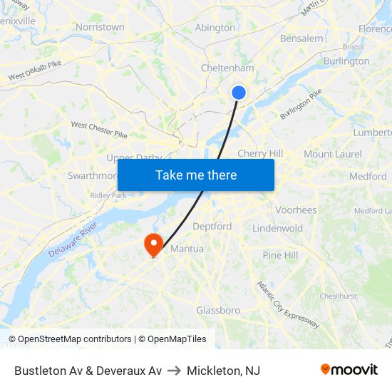 Bustleton Av & Deveraux Av to Mickleton, NJ map