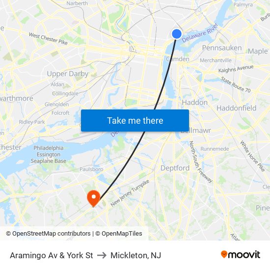 Aramingo Av & York St to Mickleton, NJ map