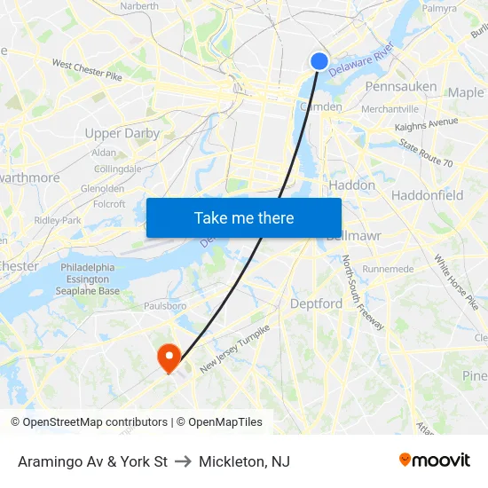 Aramingo Av & York St to Mickleton, NJ map