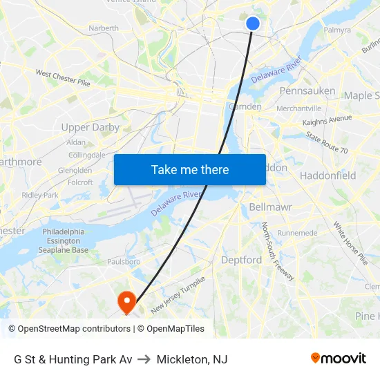 G St & Hunting Park Av to Mickleton, NJ map