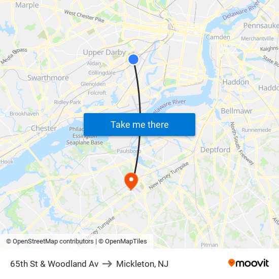 65th St & Woodland Av to Mickleton, NJ map