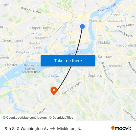9th St & Washington Av to Mickleton, NJ map