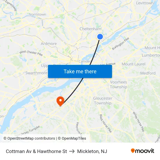 Cottman Av & Hawthorne St to Mickleton, NJ map