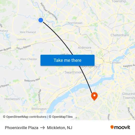 Phoenixville Plaza to Mickleton, NJ map