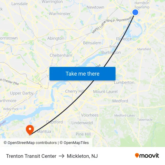 Trenton Transit Center to Mickleton, NJ map