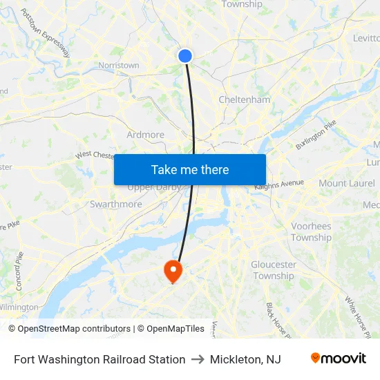 Fort Washington Railroad Station to Mickleton, NJ map