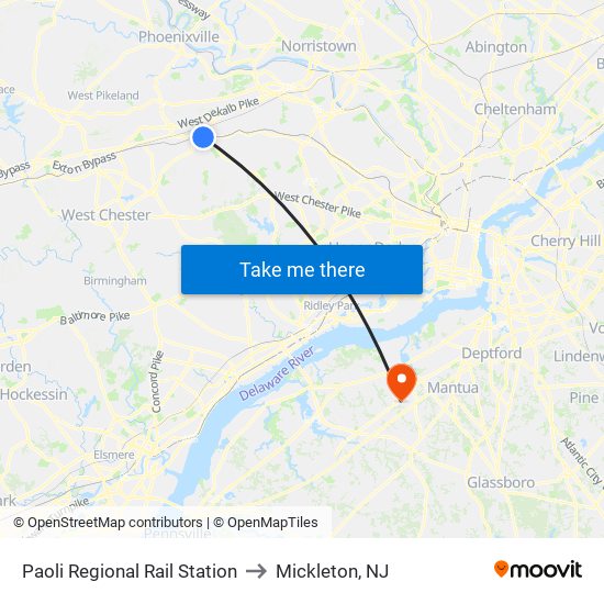 Paoli Regional Rail Station to Mickleton, NJ map