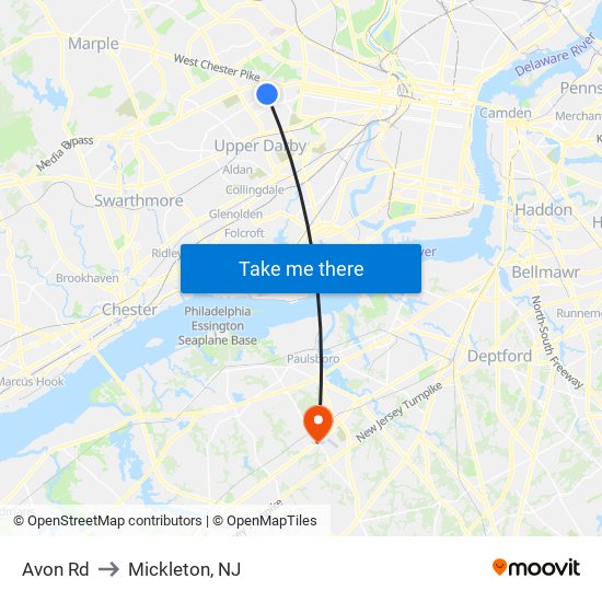 Avon Rd to Mickleton, NJ map
