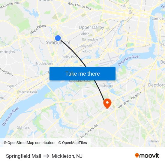 Springfield Mall to Mickleton, NJ map