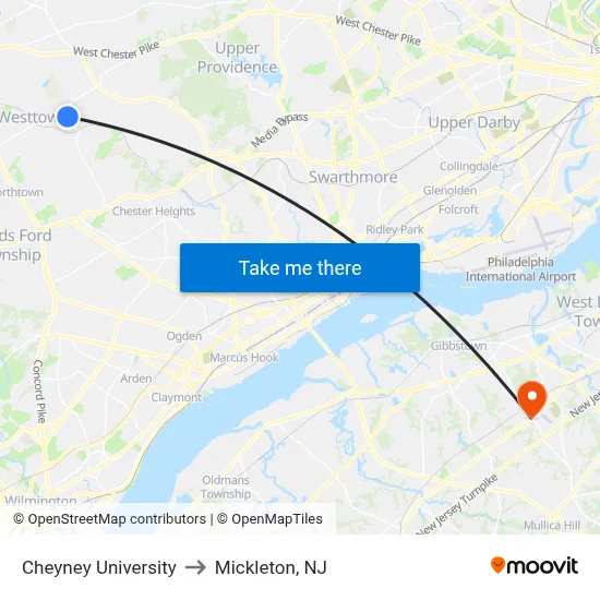 Cheyney University to Mickleton, NJ map