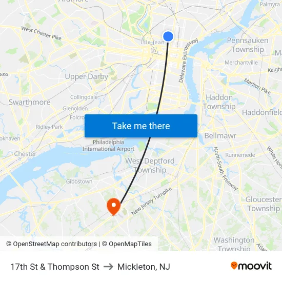 17th St & Thompson St to Mickleton, NJ map