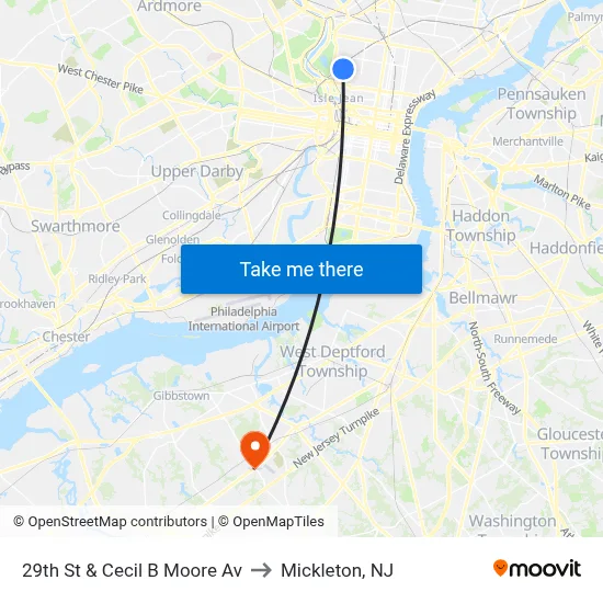 29th St & Cecil B Moore Av to Mickleton, NJ map
