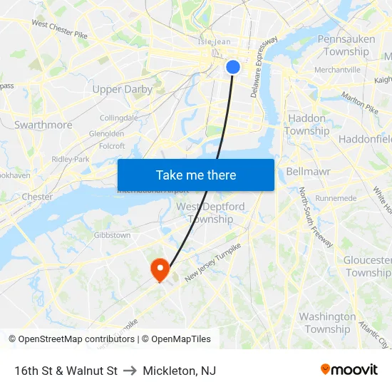 16th St & Walnut St to Mickleton, NJ map